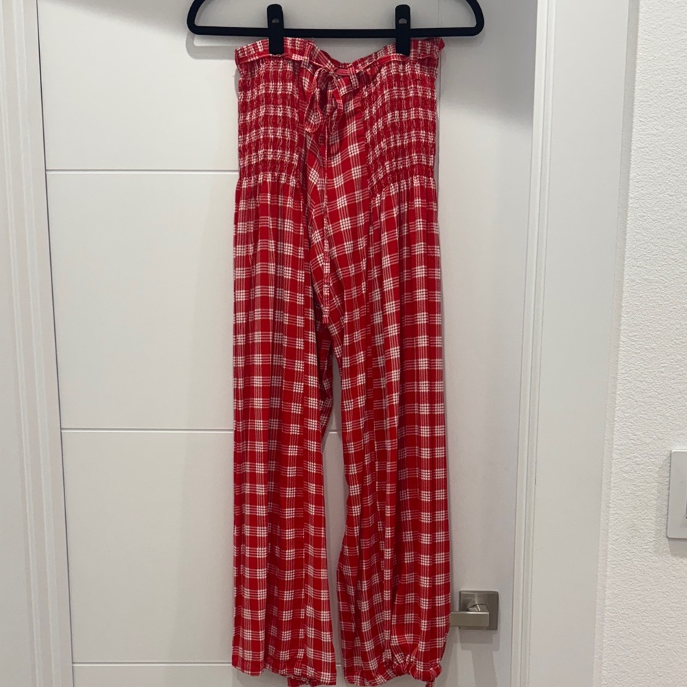 Red Plaid Wide-Leg Pants